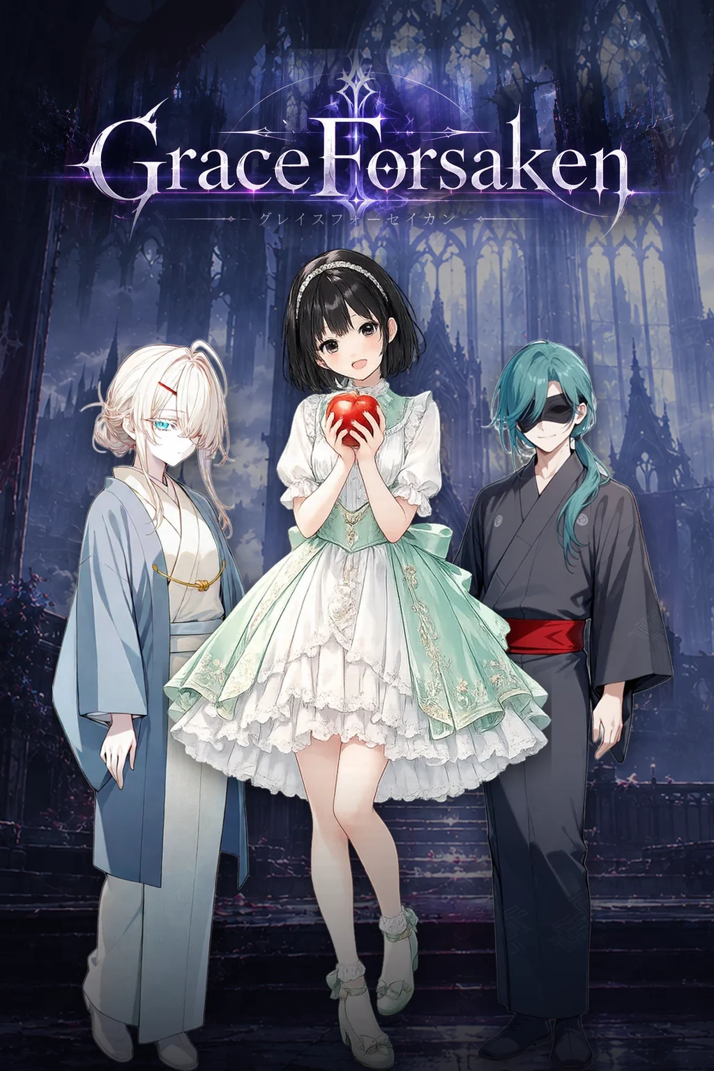 GraceForsaken のタイトルロゴとキャラクターたち